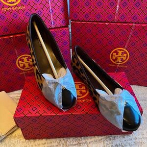 Tory Burch Cap-Toe Ballet Black and Brown Leopard Printed Hair Calf